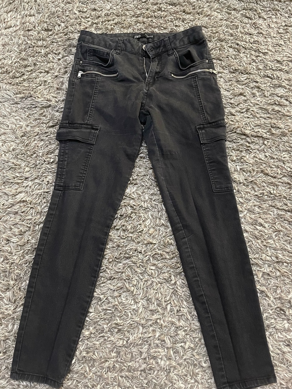 Zara Black Skinny Cargo Jeans with Zip Details